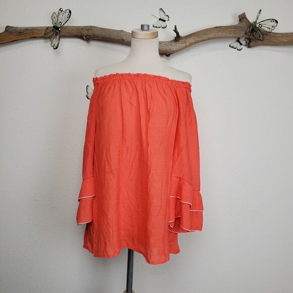 Unique spectrum off shoulder ruffle sleeve top - Picture 1 of 7